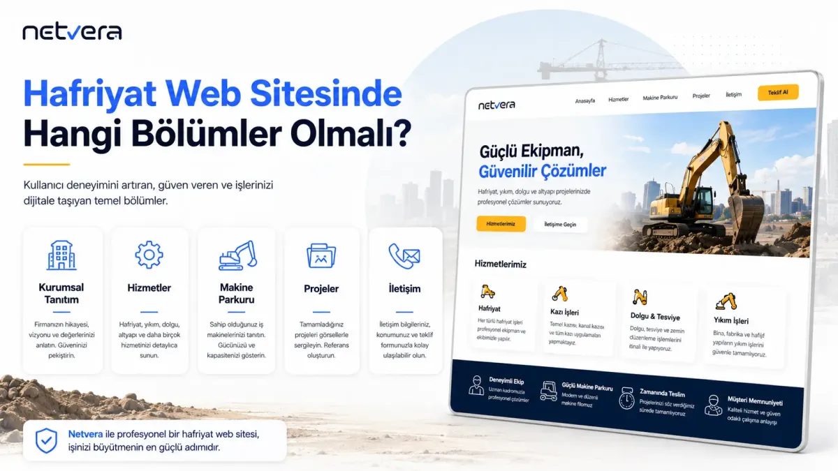 Hafriyat web sitesinde bulunması gereken kurumsal tanıtım hizmetler makine parkuru projeler ve iletişim bölümleri