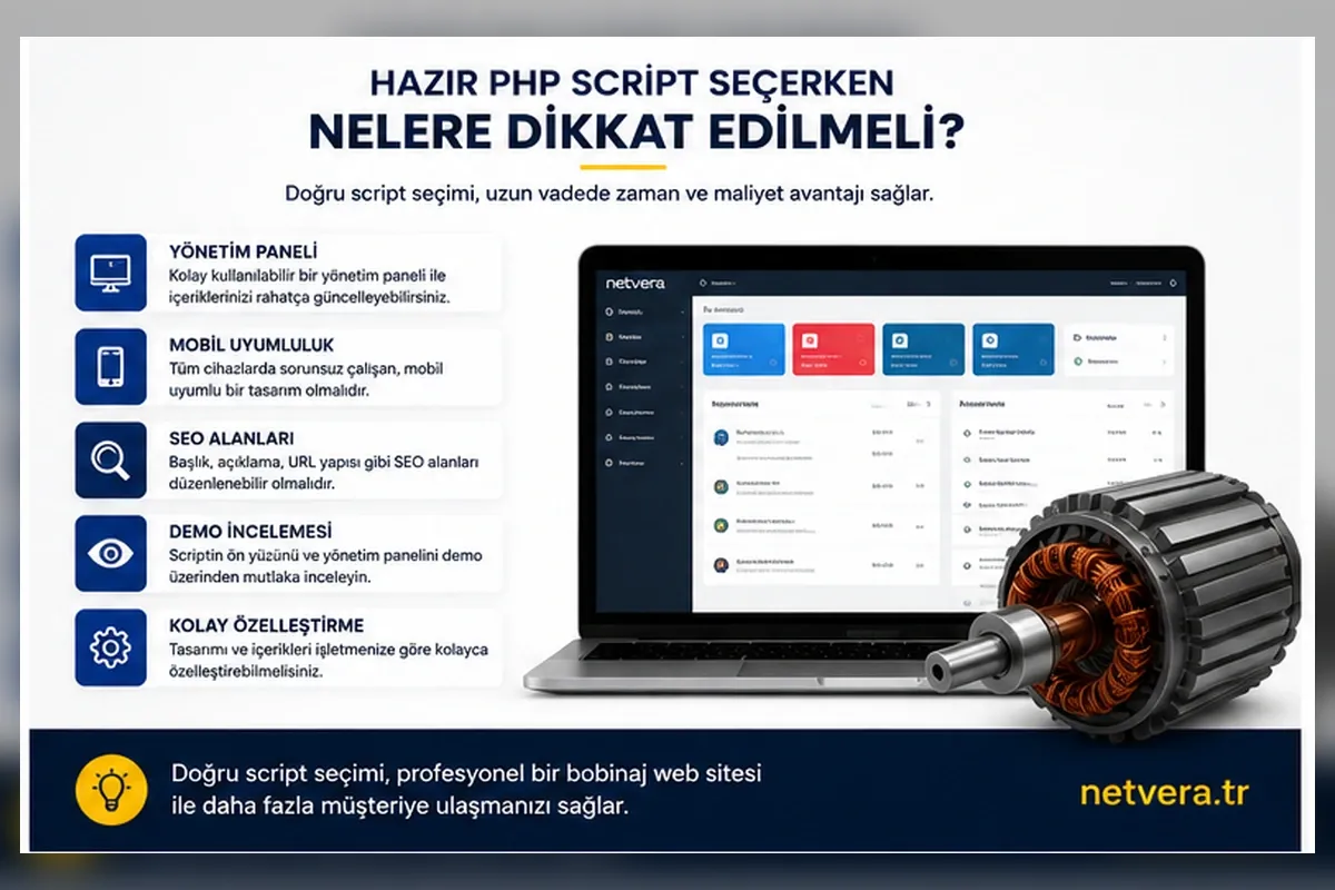 PHP bobinaj scripti seçerken yönetim paneli mobil uyumluluk SEO alanları demo ve özelleştirme özellikleri