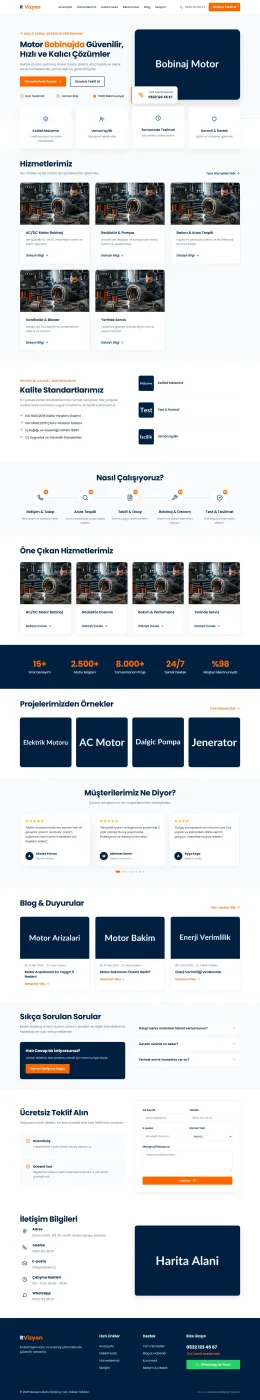 Netvera Bobinajcı Sitesi Yazılımı motor bobinaj, elektrik motoru hizmetleri ve kurumsal ana sayfa görünümü