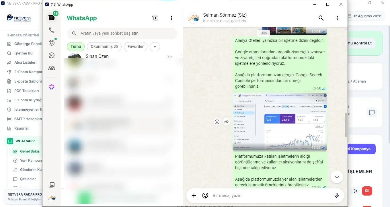 Netvera WhatsApp toplu mesaj sistemi üzerinden metin ve görsel bloklarının WhatsApp Web ile gönderimi
